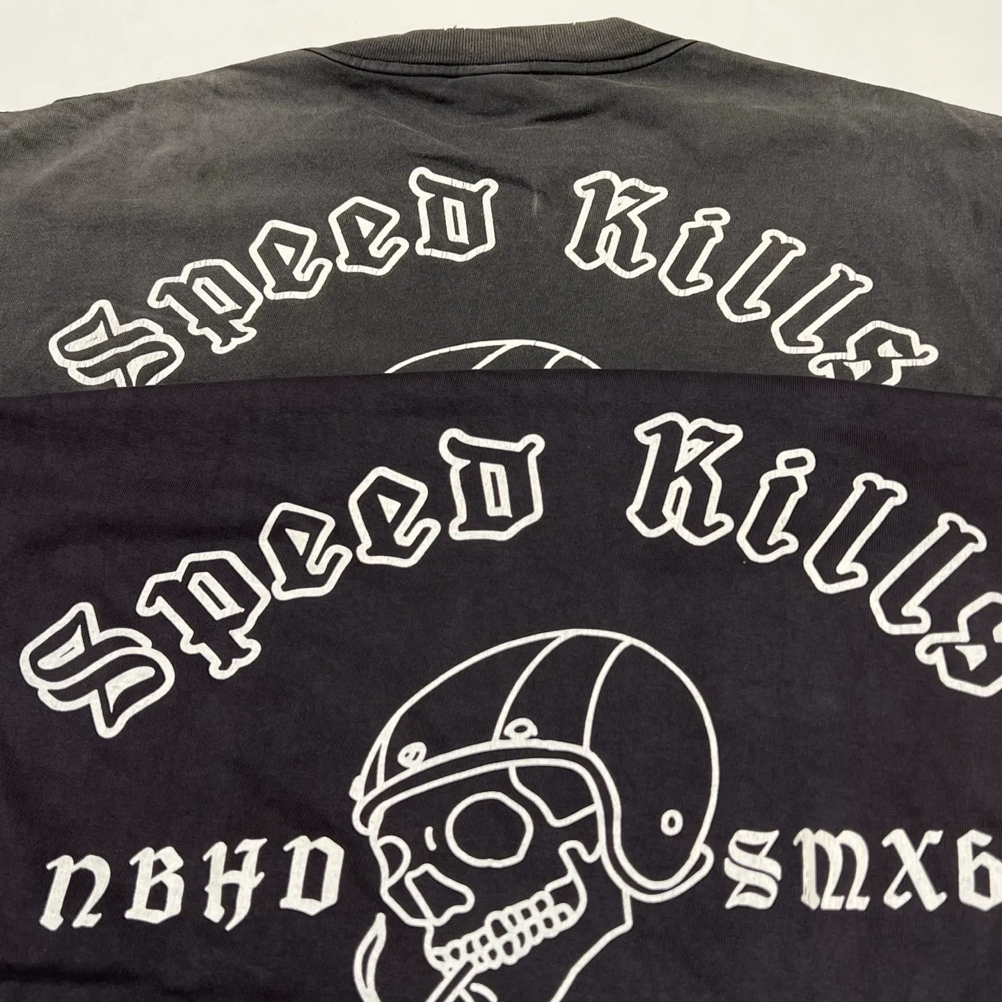 Printing proofing SAINT Mxxxxxx × NEIGHBORHOOD STHD . LS TEE SPEED KILLS/BLK Skull Helmet Long Sleeves Washed Black S-XL Cylindrical Cloth Ready-made Assute Dyeing Heavy Washing Water Fading Handmade Splashed Ink Holes Simulate Natural Fading and Old Effects Correct Version Customized NBHD Co-branded Accessories Top Purchasing Level